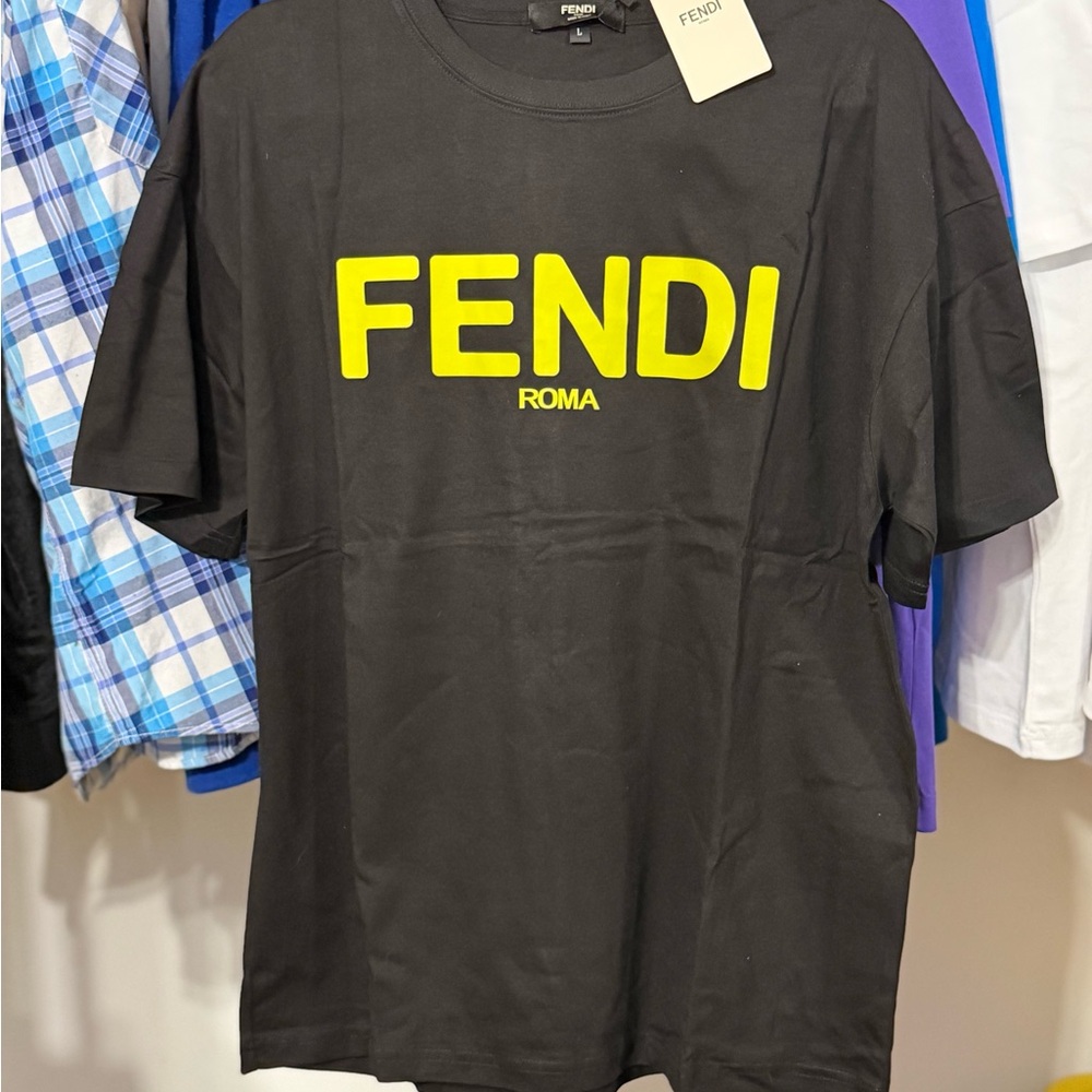 Fendi Black Tee with Yellow FENDI ROMA Logo